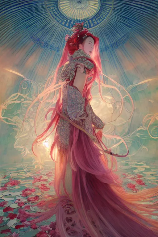 Image similar to breathtaking detailed soft painting of a samurai queen with long flowing red hair, anime style, pastel flower petals flying, at dawn in front of a pristine art nouveau cathedral, elegant, volumetric lighting, highly detailed, artstation, concept art, matte, sharp focus, art by pilyeon, matcha art and Alfons Mucha