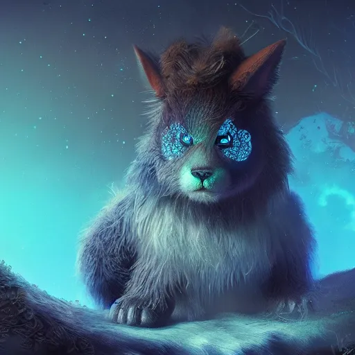 Image similar to bioluminescent cute furry beast on a dreamy biome of oddities, enchanted, magical, fantasy, hyper realism, intricate, digital art, detailed, studio shot, unreal engine 5, octane, high definition, smooth, artstation, behance