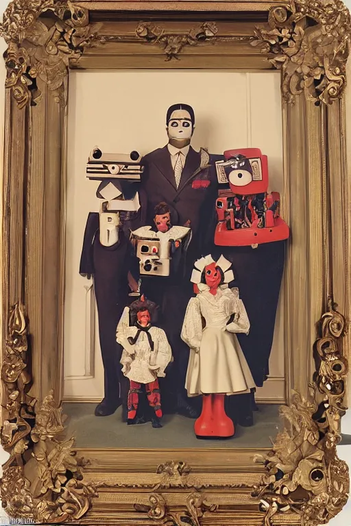 Prompt: A beautiful professional robot family portrait, by Bachrach Studios, 1980s, in an ornate wooden frame