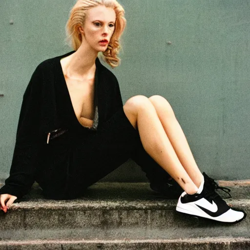 Image similar to realistic photoshoot for a new nike lookbook, color film photography, portrait of a beautiful blonde woman, in style of nan goldin, 35mm