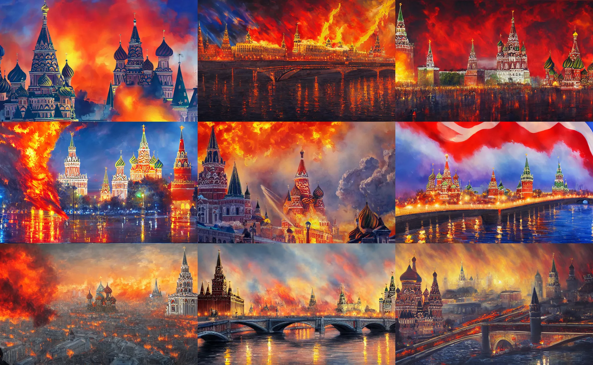 Prompt: Beautiful award winning painting of Moscow on fire with an American flag on top of the Kremlin, extreme detail, trending on artstation 4k ultra HD