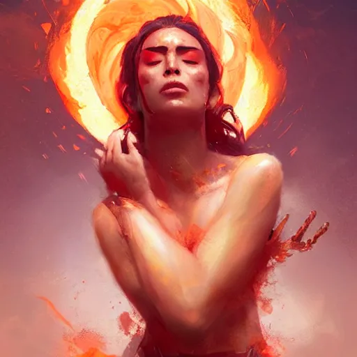 Image similar to a beautiful portrait of a fire goddess with closed eyes by greg rutkowski and raymond swanland, trending on artstation, flaming background, ultra realistic digital art