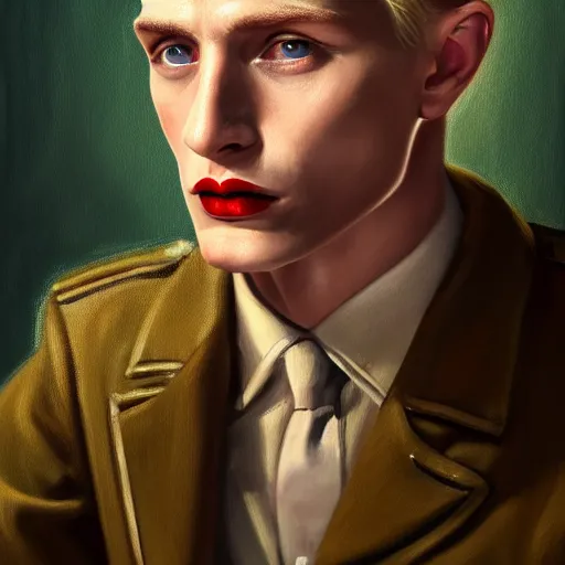 Image similar to A Hearts of Iron IV portrait of a blond young English male actor with high cheekbones. Good bone structure. Dressed in 1940s style. Highly detailed, fine Art, high detail, great lighting, 8k resolution, masterpiece, concept art, illustration, clear eyes, painting oil on canvas, octane render, HDR, trending on artstation, 4k, 8k, HD