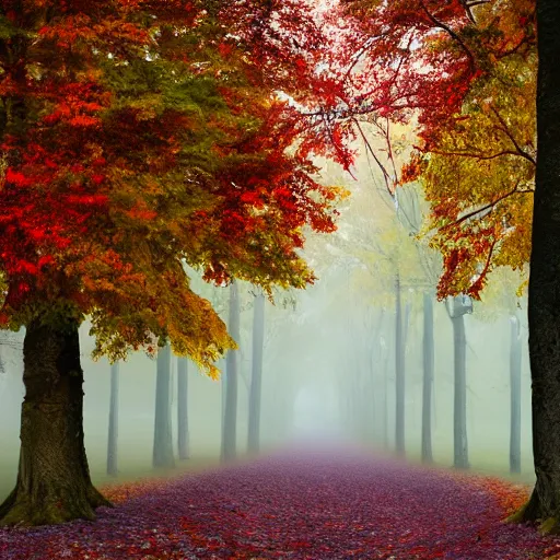 Image similar to shot on 7 0 mm, textured 3 d, autumn trees with purple, red, yellow leaves, textured 3 d, hyperealism, misty, foggy morning, sun shines upon it, 4 k