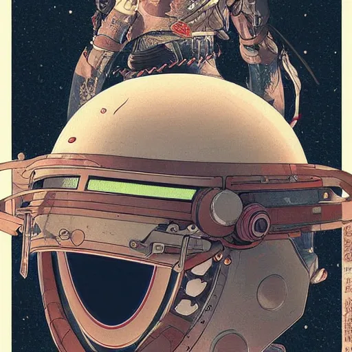 Image similar to a beautiful ukiyo painting of samurai in space futuristic helmet, wearing space techwear, detailed symmetrical close up portrait, intricate complexity, by takato yamamoto, wlop, krenz cushart, makoto shinkai, cinematic dramatic atmosphere, sharp focus