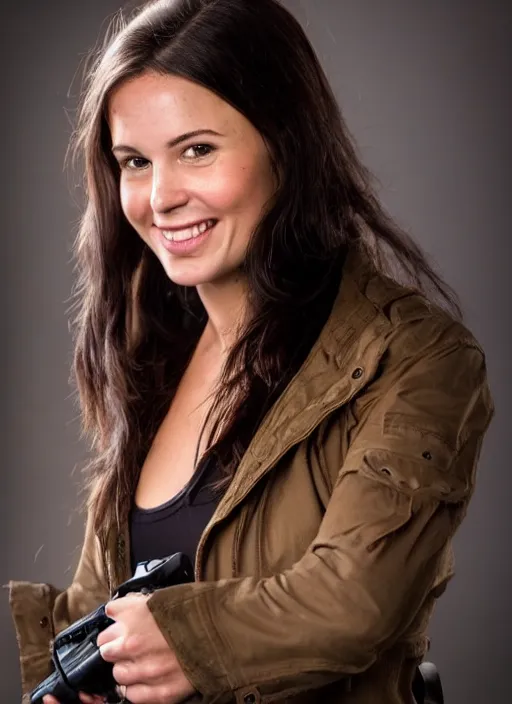 Image similar to a beautiful lara croft from minnesota, brunette, joyfully smiling at the camera opening her brown eyes. thinner face, irish genes, dark chocolate hair colour, wearing university of minneapolis coat, perfect nose, morning hour, plane light, portrait, minneapolis as background. healthy, athletic