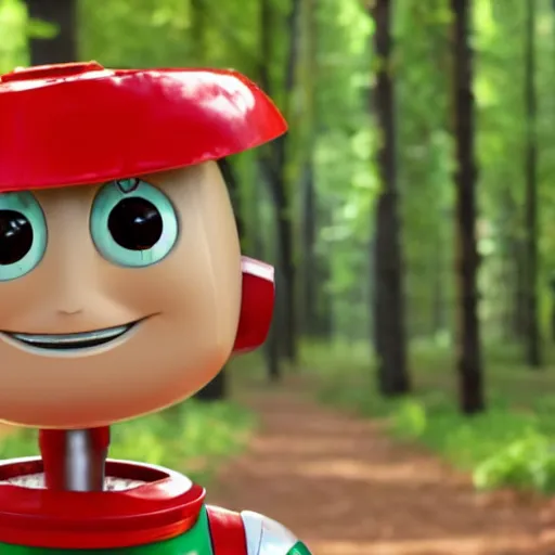 Prompt: cute smiling robot with tomato hat, trekking in a forest, pixar style