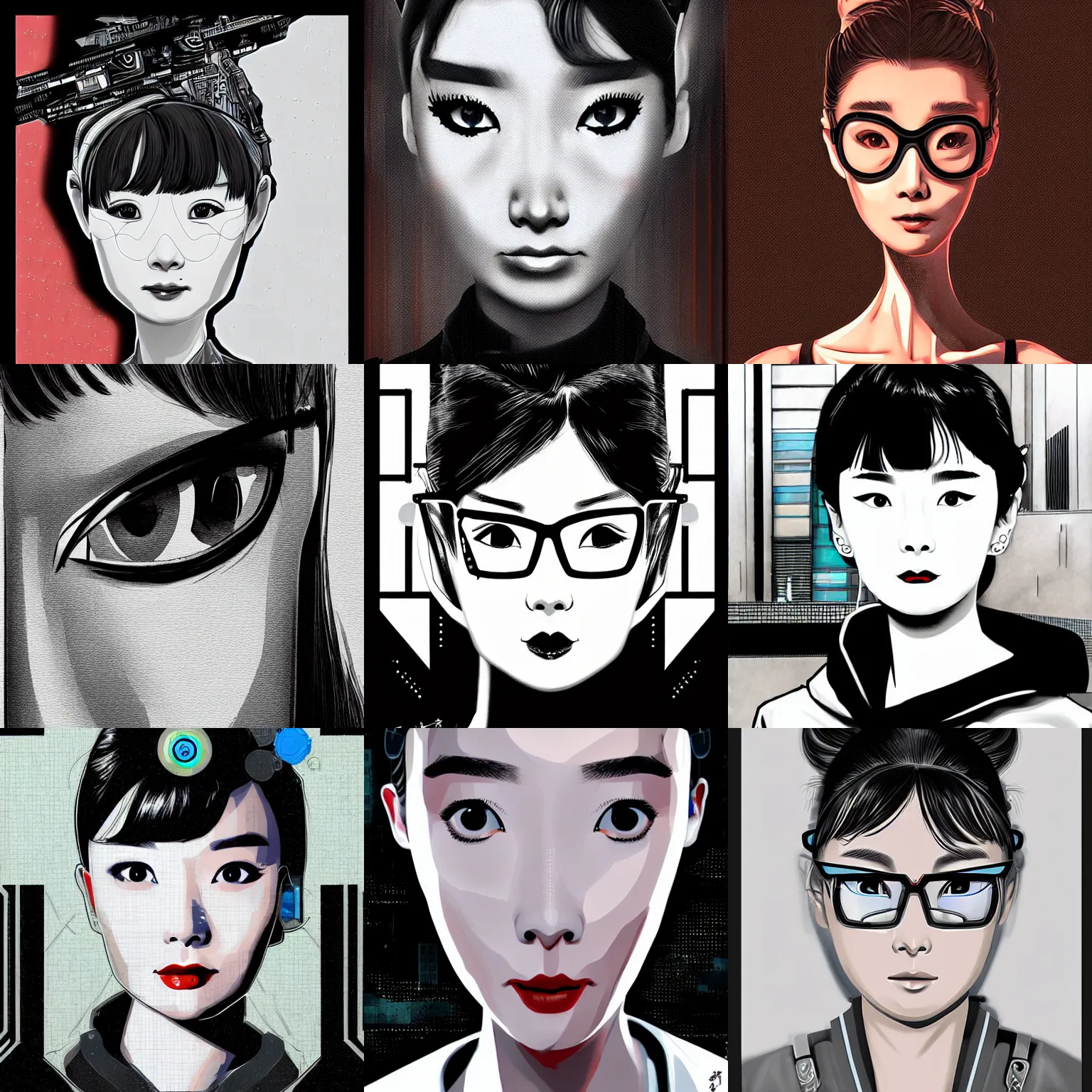 Prompt: korean audrey hepburn with bionic eye, detailed cyberpunk portrait by tim doyle