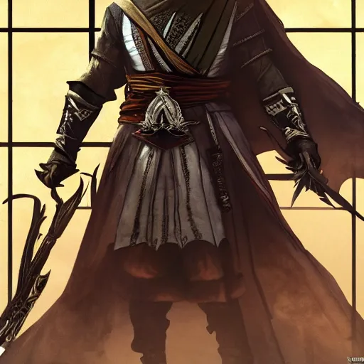 Image similar to an ultra detailed vector image of ezio auditore dressed as the hunter from bloodborne, concept art by alphonse mucha and greg rutkowski, praise the blood moon, octane render, liminal space