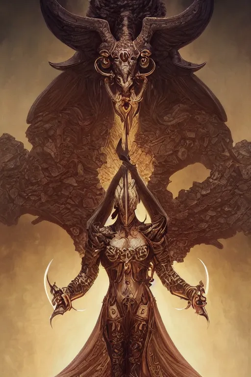 Image similar to ultra realistic illustration, baphomet from diablo and baldurs gate, intricate, elegant, highly detailed, digital painting, artstation, concept art, smooth, sharp focus, illustration, art by artgerm and greg rutkowski and alphonse mucha