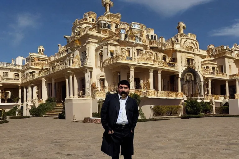 Image similar to el chapo standing in the middle of a grandiose mexican mansion. everything is made out of gold. el chapo is sipping on wine. the mansion is incredible and ornate. chapo has a clockwork chain. there are princesses and queens everywhere around him, lovely scene