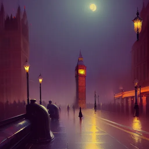 Image similar to london at night, fantasy, intricate, elegant, digital painting, trending on artstation, concept art, soft focus, illustration by greg rutkowski, edward hopper, 4 k.