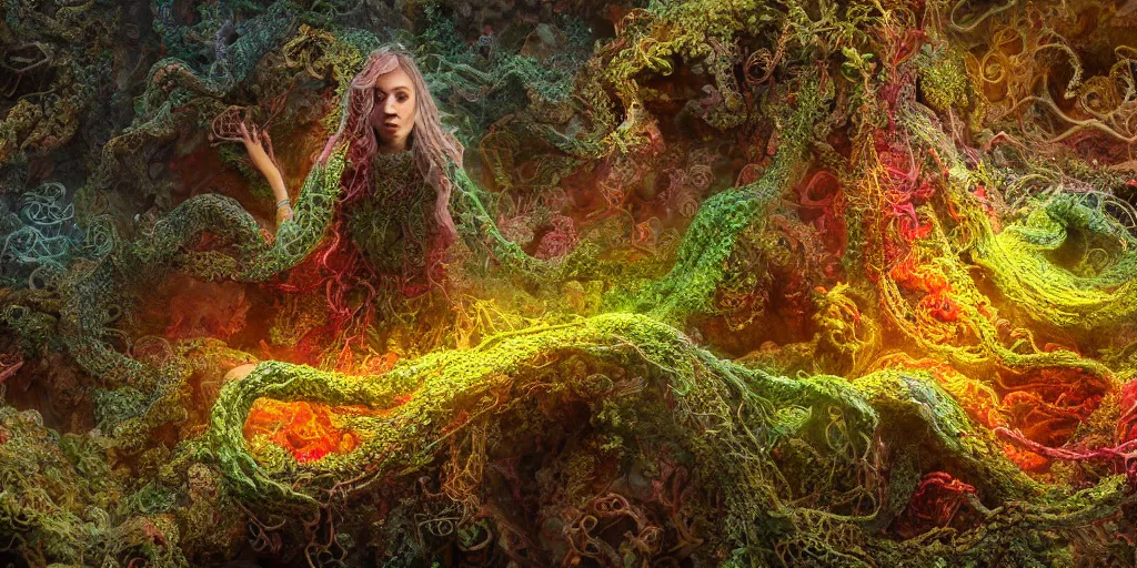 Image similar to Photorealistic intricate detailed picture of a levitating floating woman made out of colorful fungus tendrils, with arms outstretched. a gentle rising mist, an epic rocky landscape. occult photorealism, UHD, amazing depth, glowing, golden ratio, 3D octane cycle unreal engine 5, volumetric lighting, cinematic lighting, cgstation artstation concept art