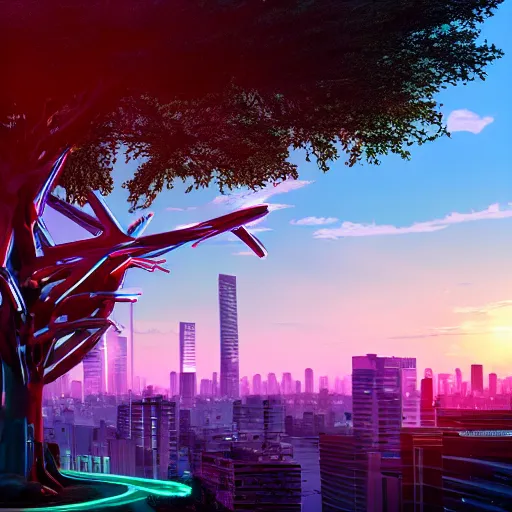 Image similar to synthwave, giant futuristic tree in the middle of the city, sunset, sharp, 4k, 2D