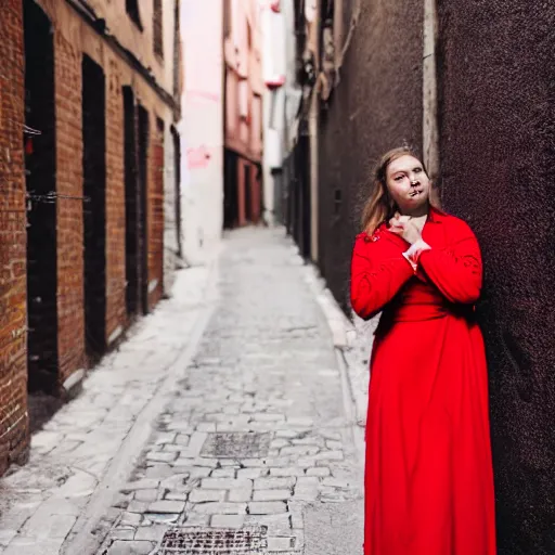 Prompt: a close - up of a beautiful girl in a red dress standing in a narrow alleyway, looking down at the camera. her face is partially obscured by a red scarf, and she has a serious expression. the light is dim, and the colours are muted. kodak ektar 1 0 0.