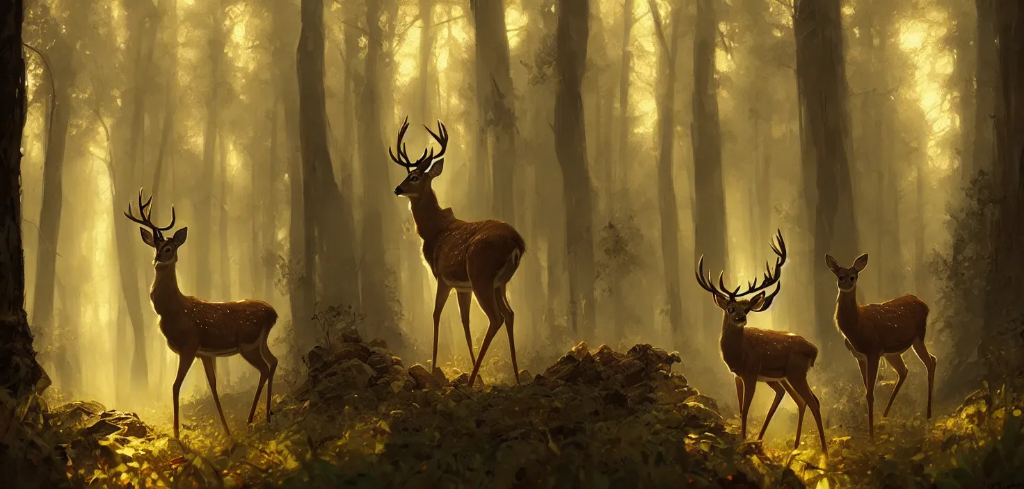 Image similar to Deer in Sherwood Forest, full frame, highly detailed, digital painting, artstation, concept art, smooth, sharp focus, illustration, art greg rutkowski and alphonse mucha