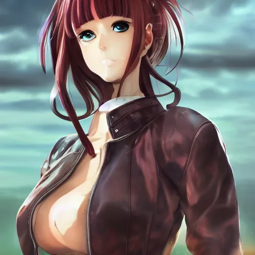 Image similar to portrait of a beautiful! alluring anime woman wearing a 2 0 3 0's stained dirty torn japanese school uniform, gorgeous face, leather bomber jacket, katana scabbard, bo staff, realistic, hyper detailed, dynamic action poses, concept art, jojo's bizarre adventure, in style of hirohiko araki, chiaroscuro, anime aesthetic