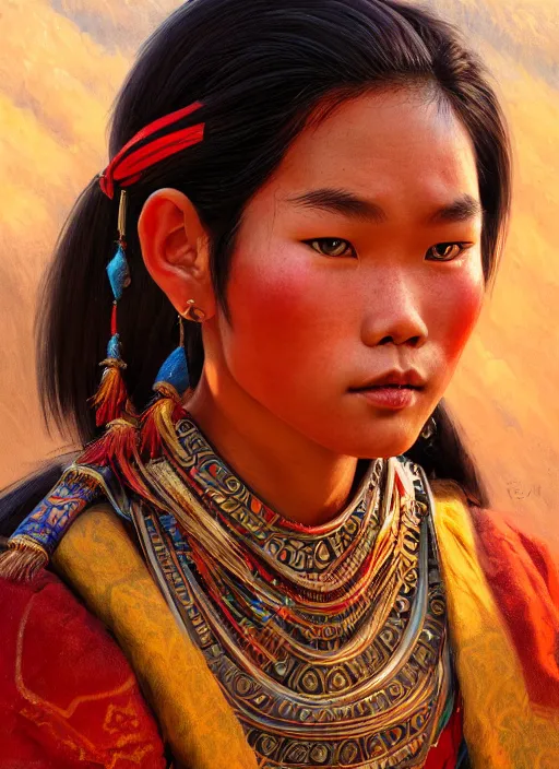 Prompt: portrait of a beautiful teen tai lue ethnic north thailand, closeup portrait, historical, ethnic group, traditional costume, elegant, loin cloth, highly detailed, oil painting, artstation, concept art, matte, sharp focus, illustration, hearthstone, art by earl norem