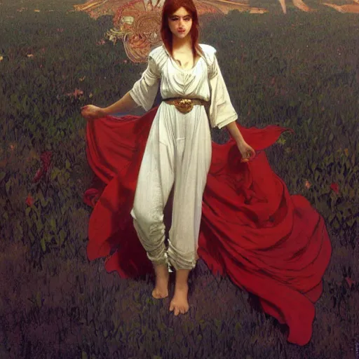 Prompt: a young girl standing on top of an impossibly tall wall, looking down at what is on the other side. she wears a shirt and trousers and a very long red scarf around her neck that trails down a long way. beautiful fantasy painting by artgerm and greg rutkowski and alphonse mucha
