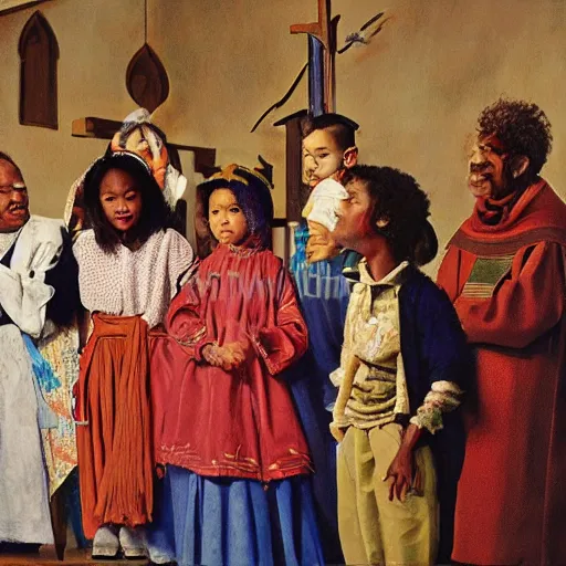 Image similar to ethnically diverse children in a church nativity play, art by normal rockwell