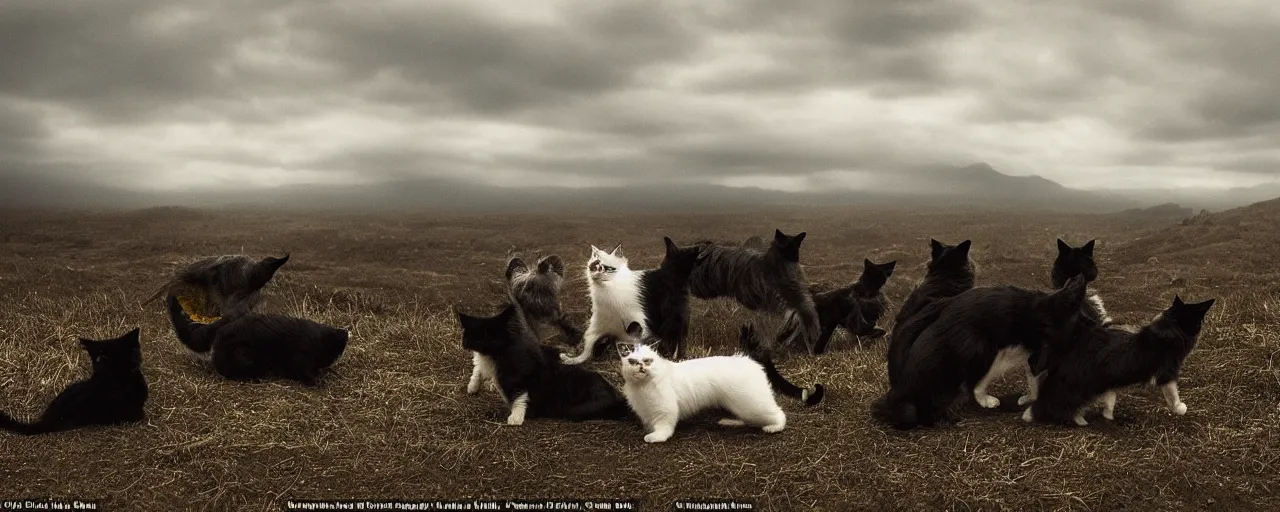 Prompt: 'a vast moody landscape, thousands of cats face an opposing group of dogs, photographic, wide-shot, outdoors, dramatic lighting'