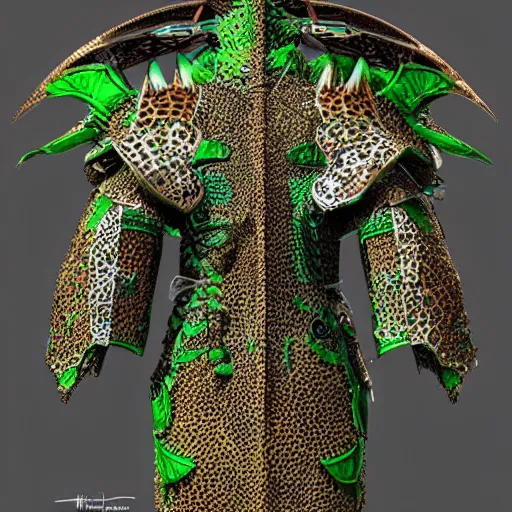 Prompt: a magnificent suit of green dragon scalemail on an armour stand, the backside of the armour is wrapped in a exquisite cheetah cloak, d & d, fantasy, intricate, highly detailed, digital painting, artstation, concept art, matte, sharp focus, illustration