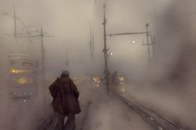 Prompt: small centered on watercolor paper, paint brush strokes, abstract watercolor painting of lone old man on tram, poor and rugged, foggy dawn, morning dew, cinematic light, national romanticism by hans dahl, by jesper ejsing, by anders zorn, by greg rutkowski, by greg manchess, by tyler edlin