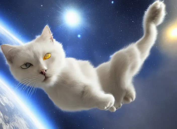 Image similar to a beautiful cat floating in space, realist, 4k, unreal engine