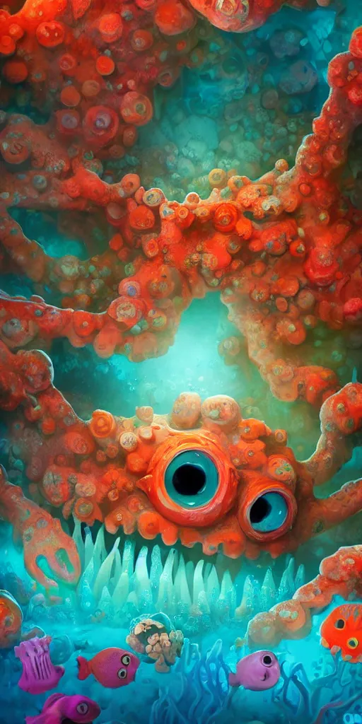 Image similar to of a colorful under water cave with strange cute friendly happy creatures with huge eyes, mouth, long tongue and round teeth appearing from sandy coral, in the style of gehry and gaudi, macro lens, shallow depth of field, ultra detailed, digital painting, trending artstation, concept art, illustration, cinematic lighting, photorealism, epic, octane render