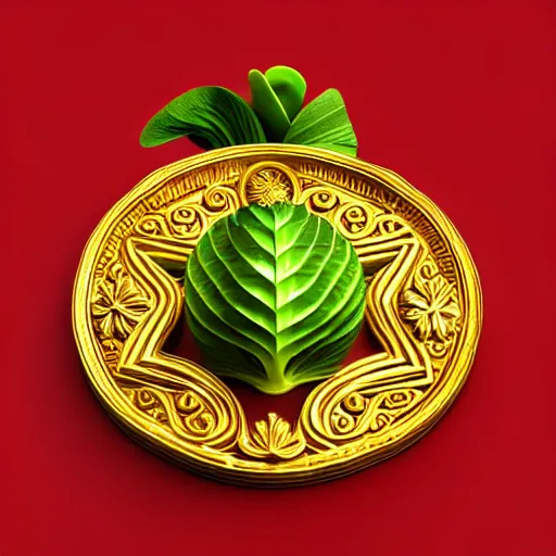 Prompt: stylized gold bok choy symbol with a coin in it's mouth : : ornate, dynamic, particulate, intricate, elegant, highly detailed, centered, artstation, smooth, sharp focus, octane render, 3 d