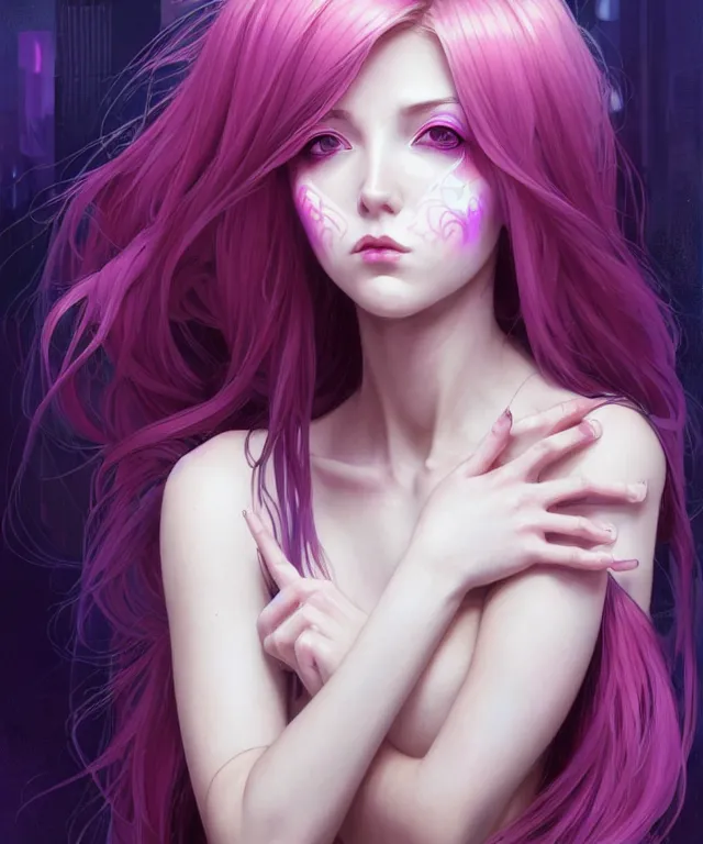 Prompt: E-girl, scene girl, ahegao face, gradient hair, eyes crossed, making a peace sign with fingers, hand on hip in a confident pose, woman portrait, cyberpunk, intricate, elegant, highly detailed, digital painting, artstation, concept art, smooth, sharp focus, illustration, art by artgerm and greg rutkowski and alphonse mucha