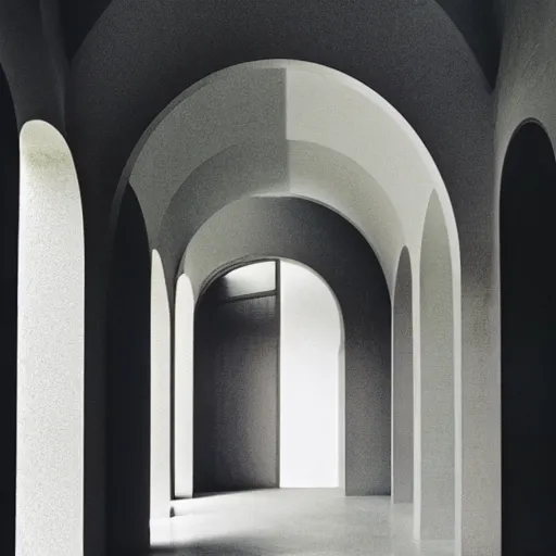 Image similar to photograph of a symmetrical arch hallway, shiny floor, concrete, pastel hues, minimalist, architecture magazine, dezeen, 50mm, pentax, film