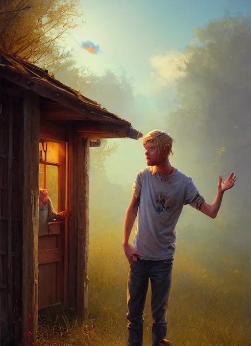 Image similar to highly detailed hyperrealistic painting of a short hillbilly with long blonde hair standing in front of his porch yelling at his friend, bonfire, stephen bliss, art by greg rutkowski, loish, rhads, ferdinand knab, makoto shinkai and lois van baarle, tom bagshaw, photo, portrait, global illumination, artstation