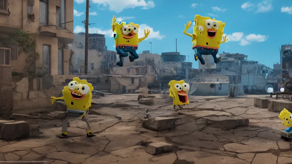 Image similar to spongebob squarepants as a navy seal, in a gun fight in an unknown third world city, wide shot, created in unreal engine 5, 3 d, hyperrealistic, rendered in octane, by yuumei, bayard wu, wlop, tim white, ross tran, 4 k