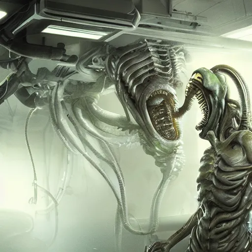 Image similar to Biolevel 4 Xenomorph experiment gone wrong in Weyland Yutani bio labs, by Chris Tulloch McCabe, realistic, detailed, trending on artstation, wallpaper, wide angle, 16mm