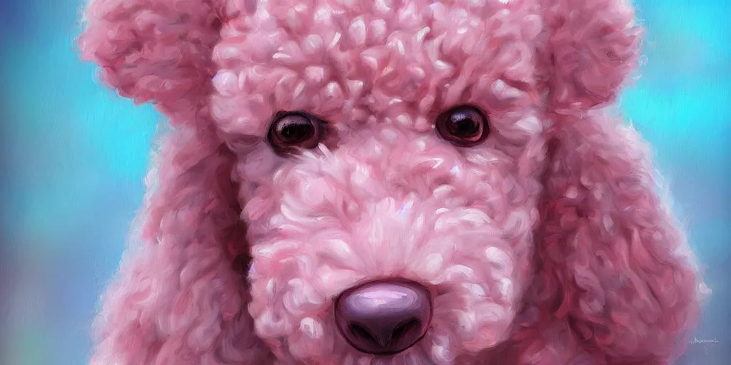 Prompt: realistic poodle/ice cream hybrid, cherry ice cream, pink and blue, soft colors, realism, romanticism, oil painting, digital art, trending, World of Warcraft, monster, Final Fantasy, hand painted, adoptable, cinematic