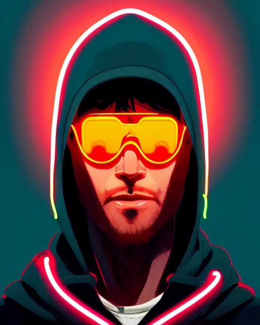 Image similar to neo - noir art style, hyper - realistic detailed portrait of a man in a hoodie, with neon visor, dynamic pose, symmetrical background, by atey ghailan, by greg rutkowski, by greg tocchini, by james gilleard, by joe fenton, by kaethe butcher, sharp focus