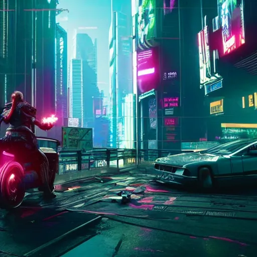 Prompt: Cyberpunk 2077 if it had two more years of development time, in-game screenshot