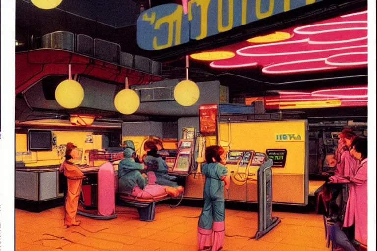 Prompt: 1 9 7 9 omni magazine cover depicting a surgical suite inside of a mcdonald's in neo - tokyo. in the style of bladerunner concept art by syd mead