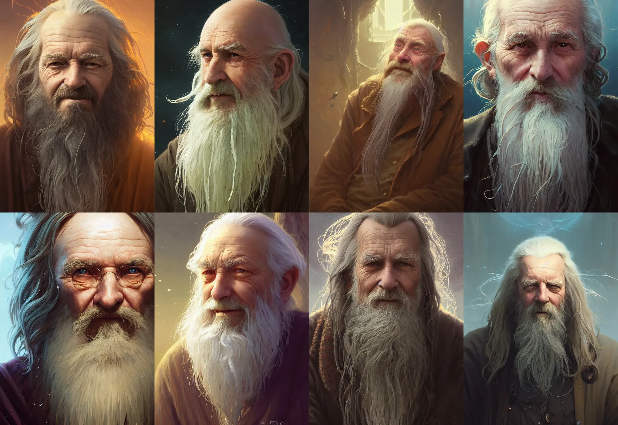 Image similar to highly detailed portrait of a very old man with long hairs, stephen bliss, unreal engine, fantasy art by greg rutkowski, loish, rhads, ferdinand knab, makoto shinkai and lois van baarle, ilya kuvshinov, rossdraws, tom bagshaw, alphonse mucha, global illumination, radiant light, detailed and intricate environment