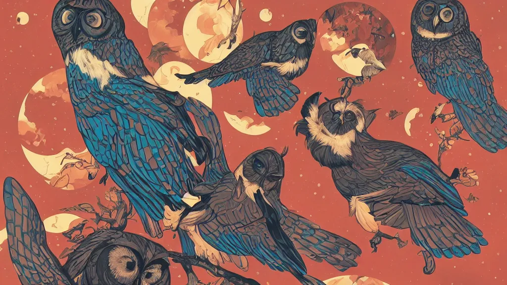 Prompt: ilya kuvshinov, mcbess, rutkowski, victo ngai, james jean, john william waterhouse, artgerm, oil painting illustration of owls flying at night, colorful, mural, deep shadows, astrophotography, highly detailed