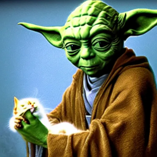 Prompt: Jedi master yoda playing with a kitten