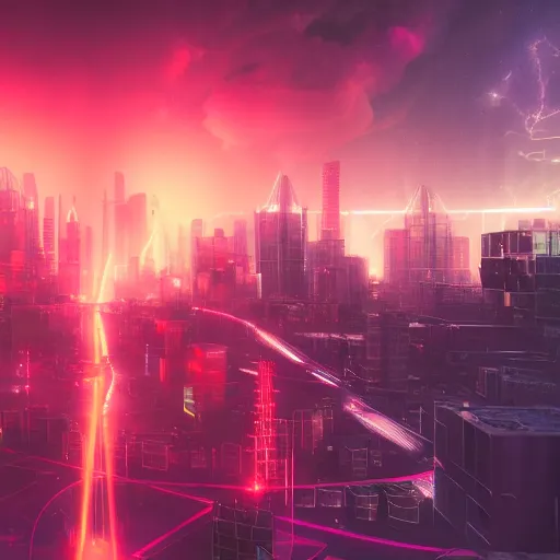 Image similar to space city, neon lightning, movie still, cinematic lightning, octane render, splash art, dystopian