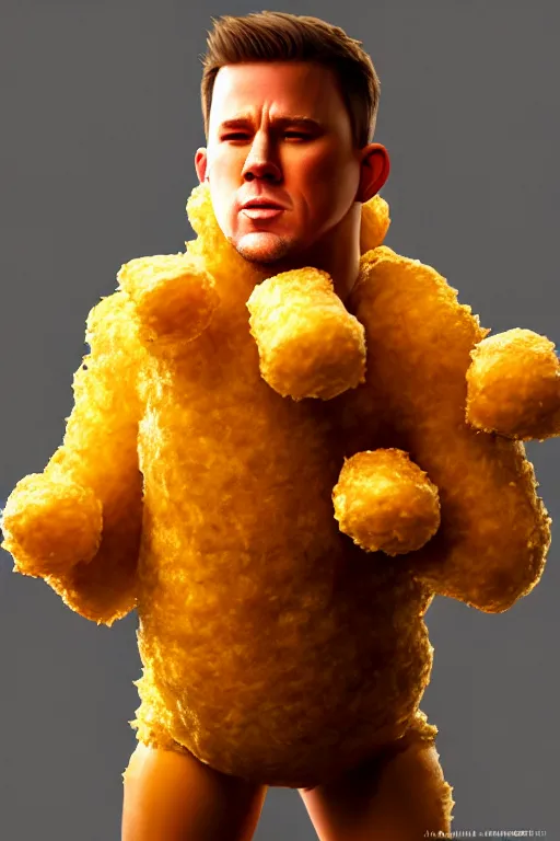 Image similar to channing tatum in a tater tot costume, tater tot face, ef 8 5 mm f 1. 8 usm, bionic scifi alexandre ferra, hyper detailed, digital art, trending in artstation, cinematic lighting, studio quality, smooth render, unreal engine 5 rendered, octane rendered