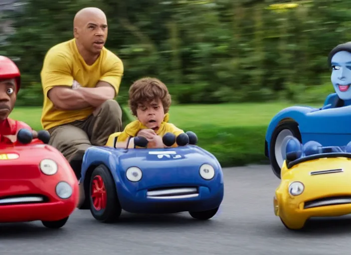 Image similar to peter dinklage racing gary coleman driving a little tikes cars, movie still, from the new fast and furious movie, 8 k, realistic