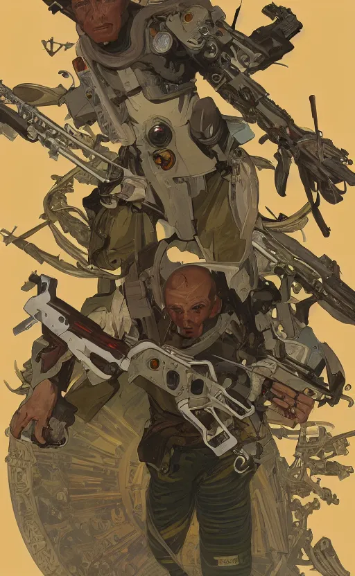Image similar to a top view shot of a cyborg soldier stand up a pile of dead bodies, while holding a gun up to the sky, alphonse mucha , greg rutowski, illustration, science fiction, concept art, digital painting, Trending on artstation