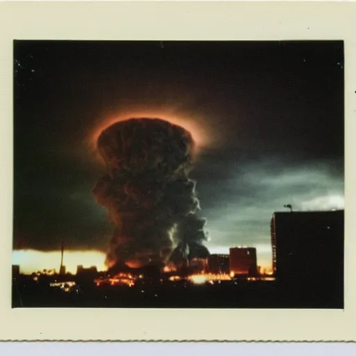 Prompt: polaroid photo of nuclear explosion in the big city moody dark