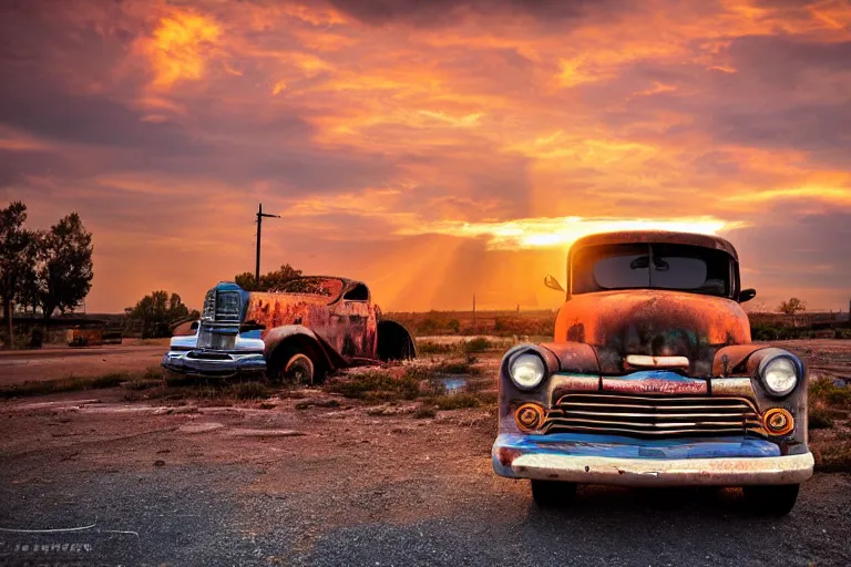 Image similar to a sunset light landscape with historical route 6 6, lots of sparkling details and sun ray ’ s, blinding backlight, smoke, volumetric lighting, colorful, octane, 3 5 mm, abandoned gas station, old rusty pickup - truck, beautiful epic colored reflections, very colorful heavenly, softlight