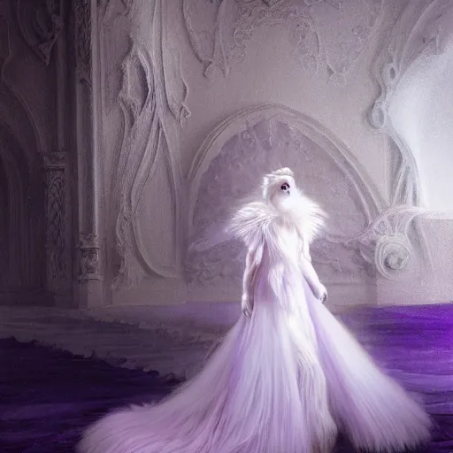 Image similar to a photo of a white fur monster standing in a purple room, diffuse lighting, fantasy, intricate, elegant, highly detailed, lifelike, photorealistic, digital painting, artstation, illustration, concept art, smooth, sharp focus, art by john collier and albert aublet and krenz cushart and artem demura and alphonse mucha