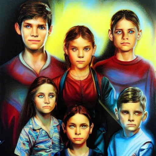 Image similar to 4 siblings standing together, 3 male 1 female, airbrush art, drew struzan illustration art, key art, portrait